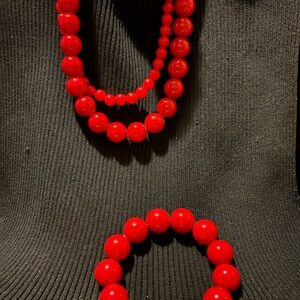 Red Beaded Necklace and Bracelet Set